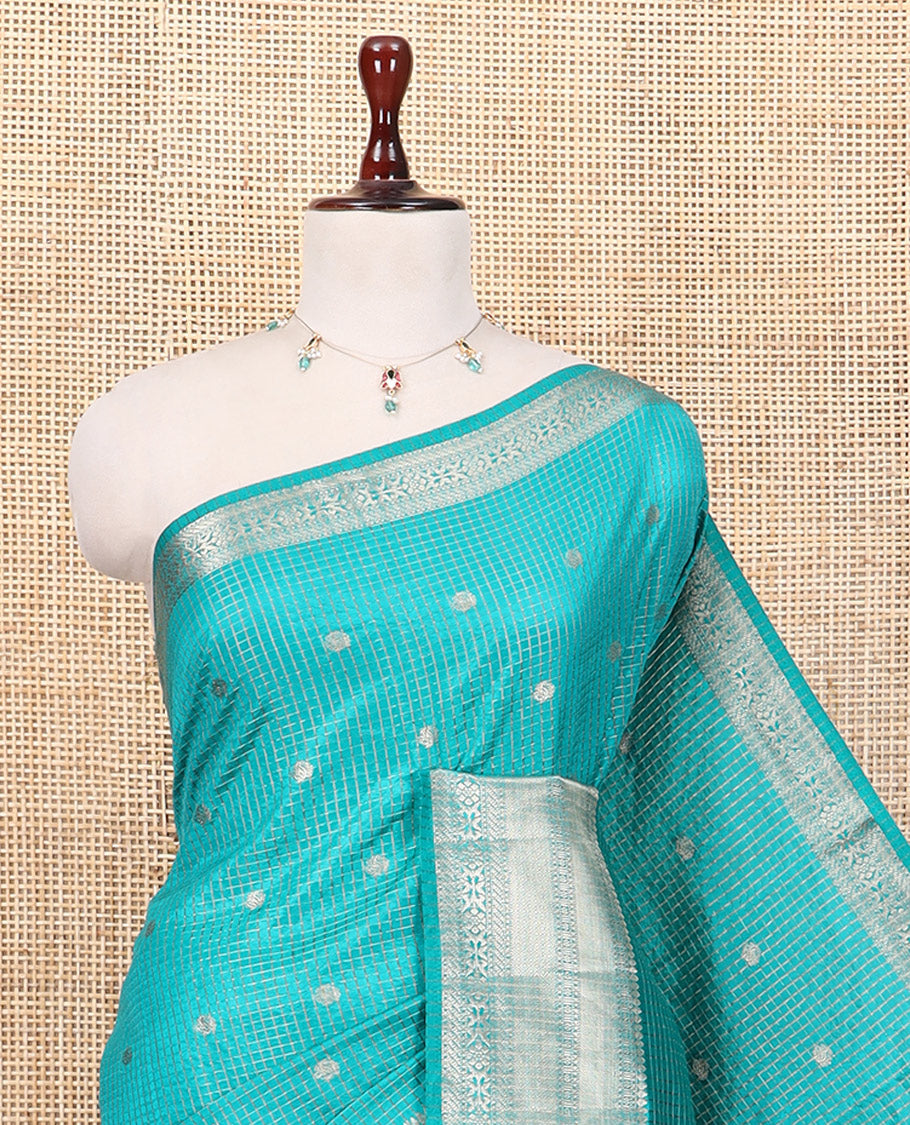 Rama Semi-Tussar Saree, Enriched with Zari Buttas and Checks, a Traditional Zari Border, and a Matching Blouse
