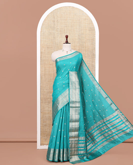 Rama Semi-Tussar Saree, Enriched with Zari Buttas and Checks, a Traditional Zari Border, and a Matching Blouse