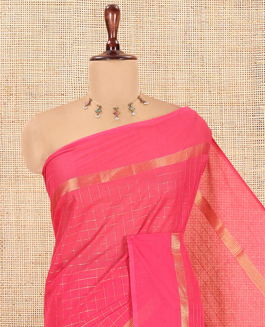 Pink Chettinad Cotton Saree, Delicately Woven with Checks, a Kaal Eragina Border, Striped Pallu, a Matching Blouse