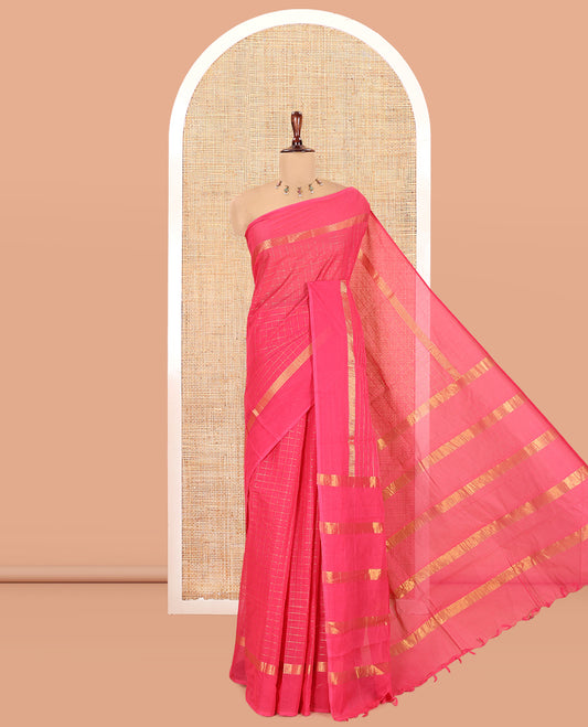 Pink Chettinad Cotton Saree, Delicately Woven with Checks, a Kaal Eragina Border, Striped Pallu, a Matching Blouse