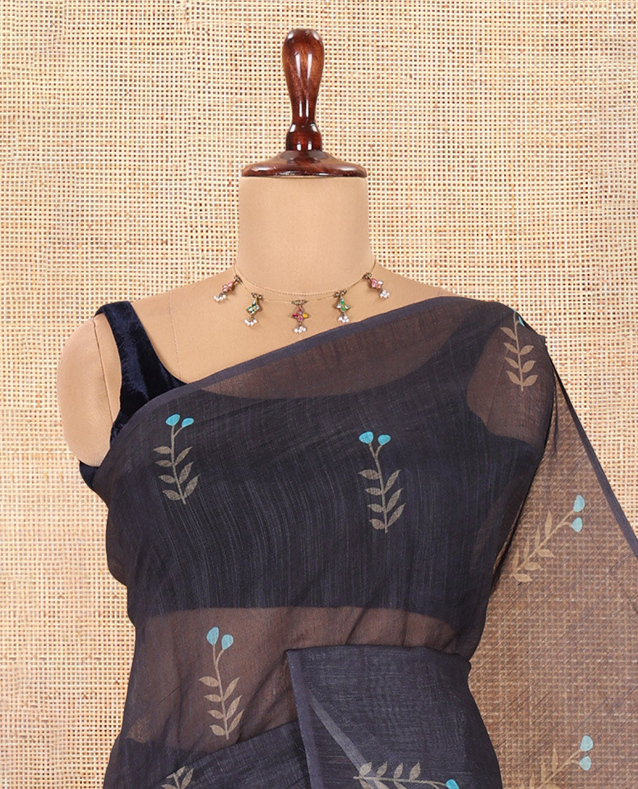 Borderless Black-Blue Linen Cotton Saree