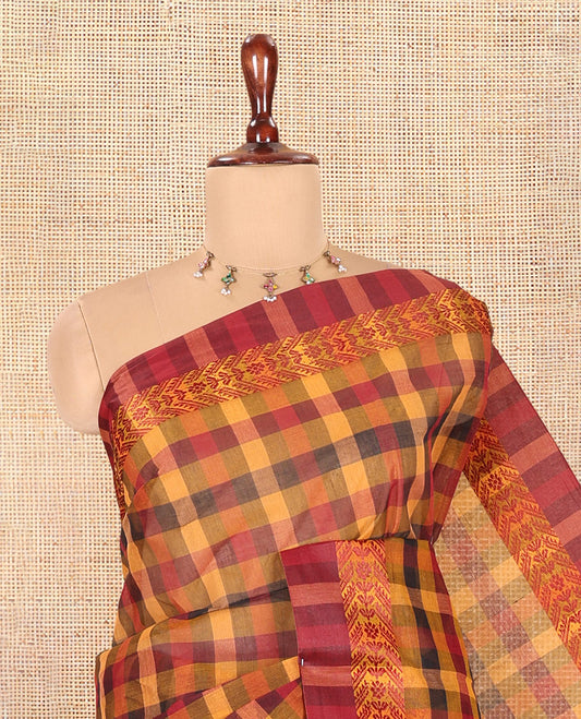 Maroon-Mustard Bengal Cotton Saree