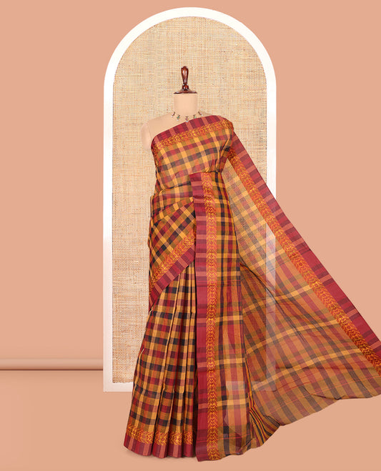 Maroon-Mustard Bengal Cotton Saree