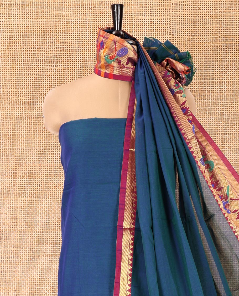 Blue Mercerised Cotton Material Chudidar Set, Elevated with Paithani Bordered Top, a Mercerised Cotton Bottom, and Paired with a Matching Mercerised Cotton Paithani Bordered Dupatta