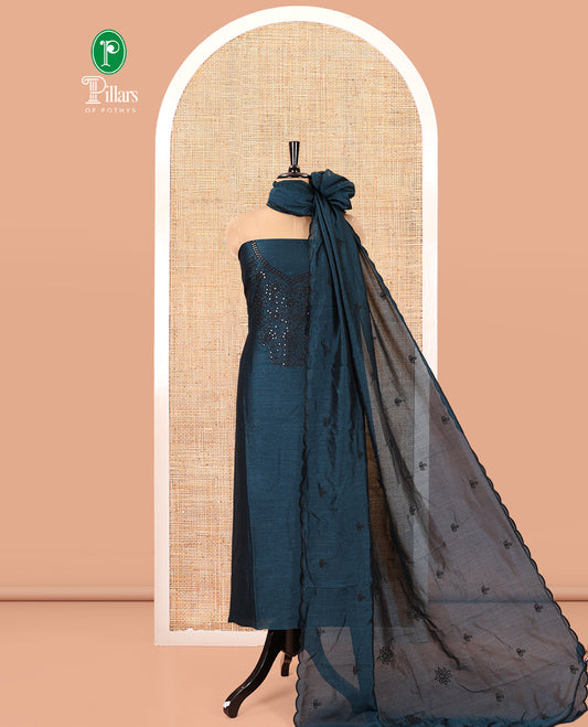 Peacock Blue Vichitra Silk Material Chudidar Set Featuring Sequins-Thread-Embroidered Top, a Santoon Bottom, and a Matching Scallop-Embroidery Dupatta