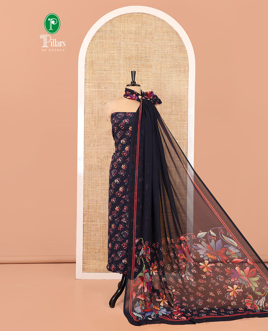 Navy Blue Italian Crepe Material Chudidar Set, Features Floral Motifs Top, a Plain Bottom, and Paired with a Kaleidoscopic-Colored, Floral-Printed Georgette Dupatta