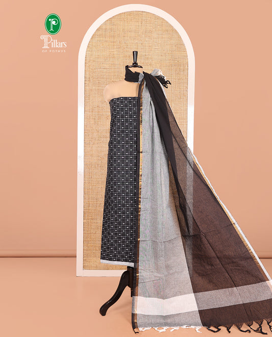 Black Handloom Cotton Material Chudidar Set Featuring Butta Enclosed Checked Top, Heathered Bottom, and Dual-Color Dupatta