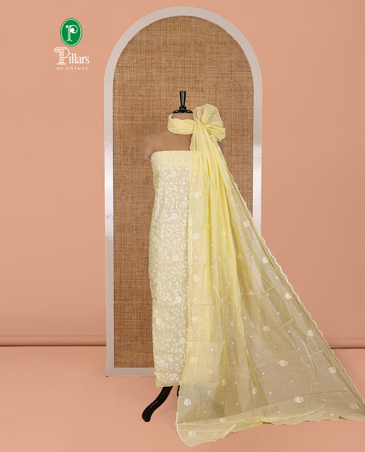 Yellow Mul Chanderi Material Chudidar, Lucknowi-Style Embroidery Top, a Santoon Bottom, Scallop Embroidered Dupatta