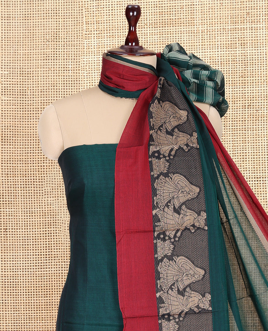 Bottle Green Mercerised Cotton Material Churidar Features Plain Top, Contrast Thread Wedding-Themed Motif Border, Matching Bottom and Dupatta