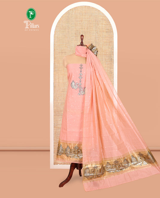 Peach Chanderi Material Chudidar, Zari Buttas and Annam Buttas Top, Matching Bottom, Annam Buttas Dupatta
