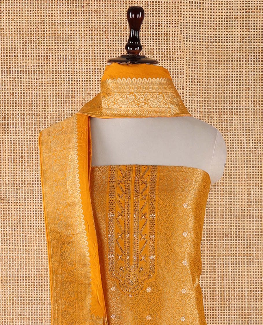 Mango banarasi chudidar material set, floral zari jacquard design with swarovski stone work top, floral jacquard & swarovski stone work banarasi dupatta & santoon plain bottom