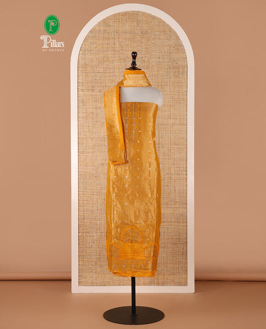 Mango banarasi chudidar material set, floral zari jacquard design with swarovski stone work top, floral jacquard & swarovski stone work banarasi dupatta & santoon plain bottom