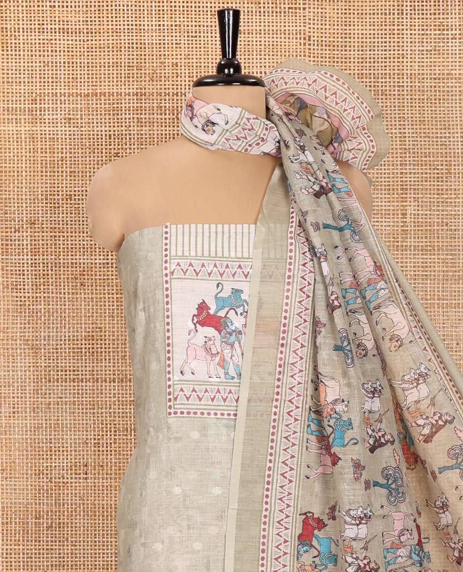 Pale Green Material Churidar Set, Sparsely Woven with Buttas and Pichwai Cow Printed Semi-Linen Top, Comes with a Contrast Plain Santoon Bottom, Santoon Dupatta of Unique Pichwai and Human Figurines Print