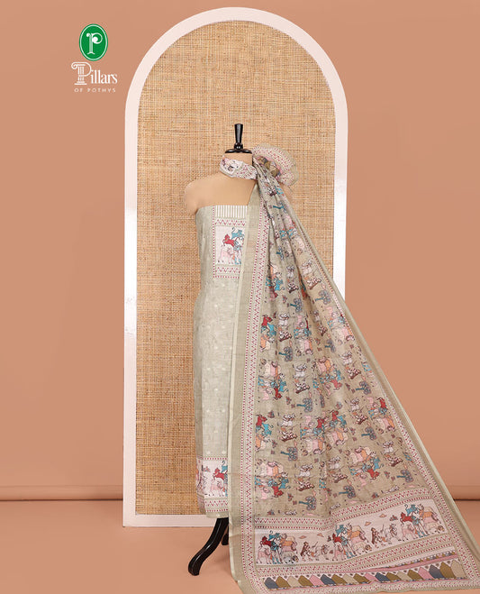 Pale Green Material Churidar Set, Sparsely Woven with Buttas and Pichwai Cow Printed Semi-Linen Top, Comes with a Contrast Plain Santoon Bottom, Santoon Dupatta of Unique Pichwai and Human Figurines Print