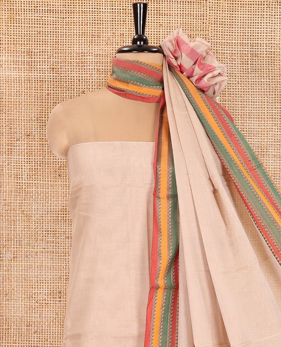 Kerala Cream Mercerised Cotton Material Churidar Set, Featuring Plain and Traditional Motifs Woven Top, Comes with a Plain Mercerised Cotton Bottom, and Is Paired with a Mercerised Cotton Traditional Motifs Woven Dupatta