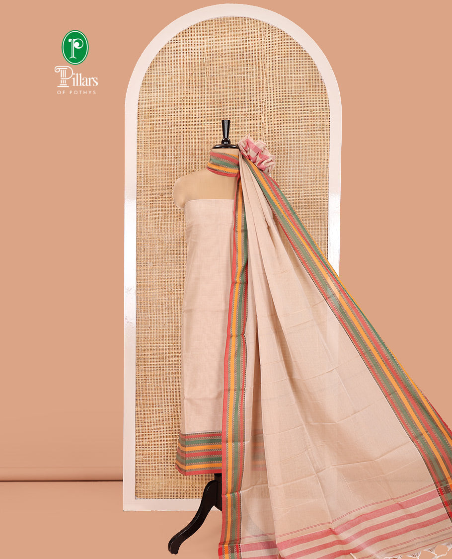Kerala Cream Mercerised Cotton Material Churidar Set, Featuring Plain and Traditional Motifs Woven Top, Comes with a Plain Mercerised Cotton Bottom, and Is Paired with a Mercerised Cotton Traditional Motifs Woven Dupatta