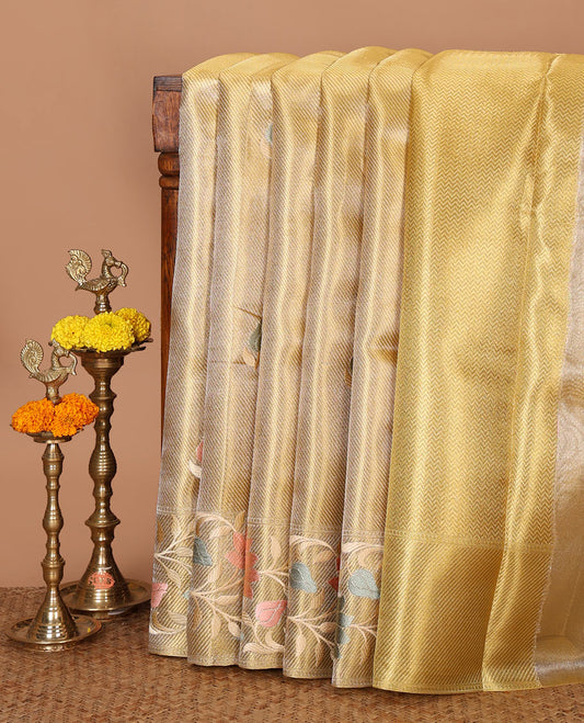 Gold floral embroidery celebrity tissue saree, contrast pastel multi-color floral creeper embroidery border & contrast blouse