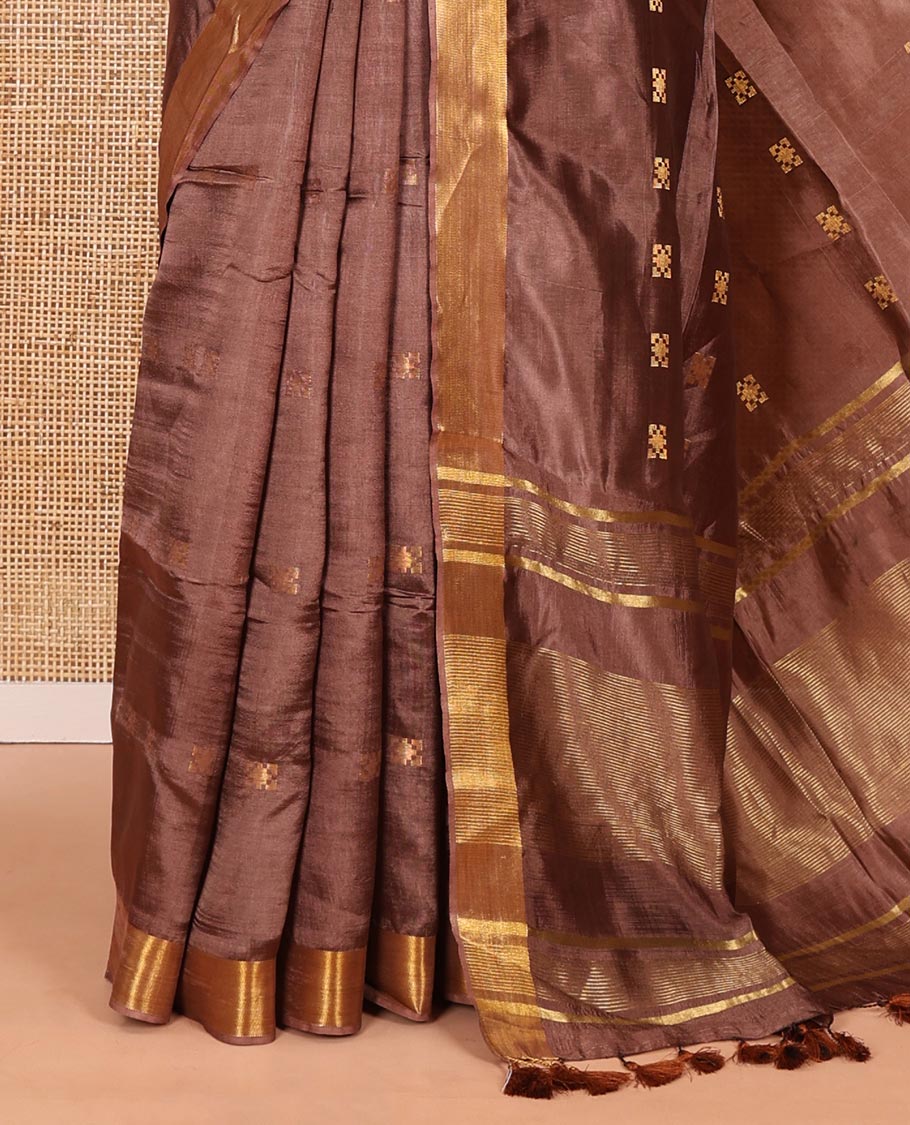 Coffee brown zari buttas banana pith silk saree, zari bavanji border, zari striped pallu, and a matching zari design blouse