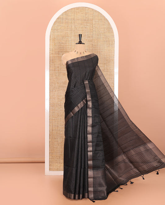 Black zari checked design fancy tussar silk saree, bavanji border, zari design pallu, and a matching blouse