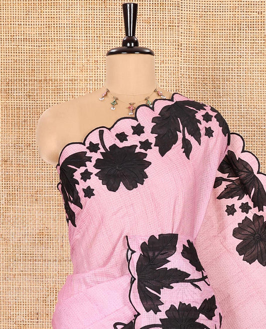 Pink Plain Fancy Kota Silk Saree Mesmerized with Floral Applique Embroidered Scallop Border, Applique Embroidered Pallu, and a Matching Blouse