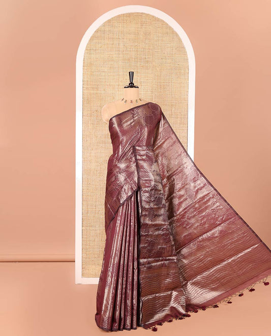 Borderless Wine Fancy Matka Silk Saree, Enriched with Gleaming Zari Weave and Leaf Jacquard Designs, Rich Pallu of Chevron Stripes, and Paired with a Matching Jacquard Blouse
