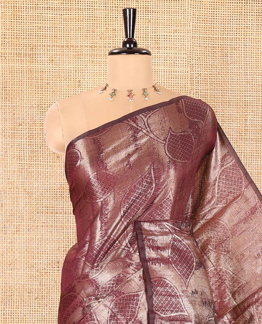 Borderless Wine Fancy Matka Silk Saree, Enriched with Gleaming Zari Weave and Leaf Jacquard Designs, Rich Pallu of Chevron Stripes, and Paired with a Matching Jacquard Blouse