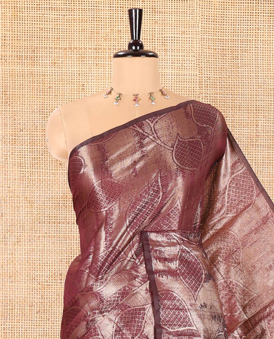 Borderless Wine Fancy Matka Silk Saree, Enriched with Gleaming Zari Weave and Leaf Jacquard Designs, Rich Pallu of Chevron Stripes, and Paired with a Matching Jacquard Blouse