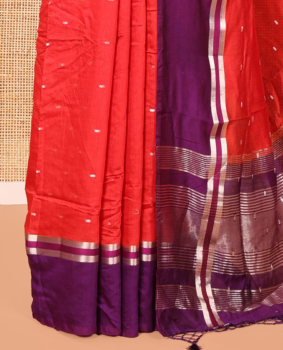 Red Assam Silk Saree, Elevated with Zari Buttas on Its Body, Complemented by Contrast Zari Striped Border, Pallu Steeped with Gleaming Zari Stripes and Buttas, and Paired with a Contrast Blouse