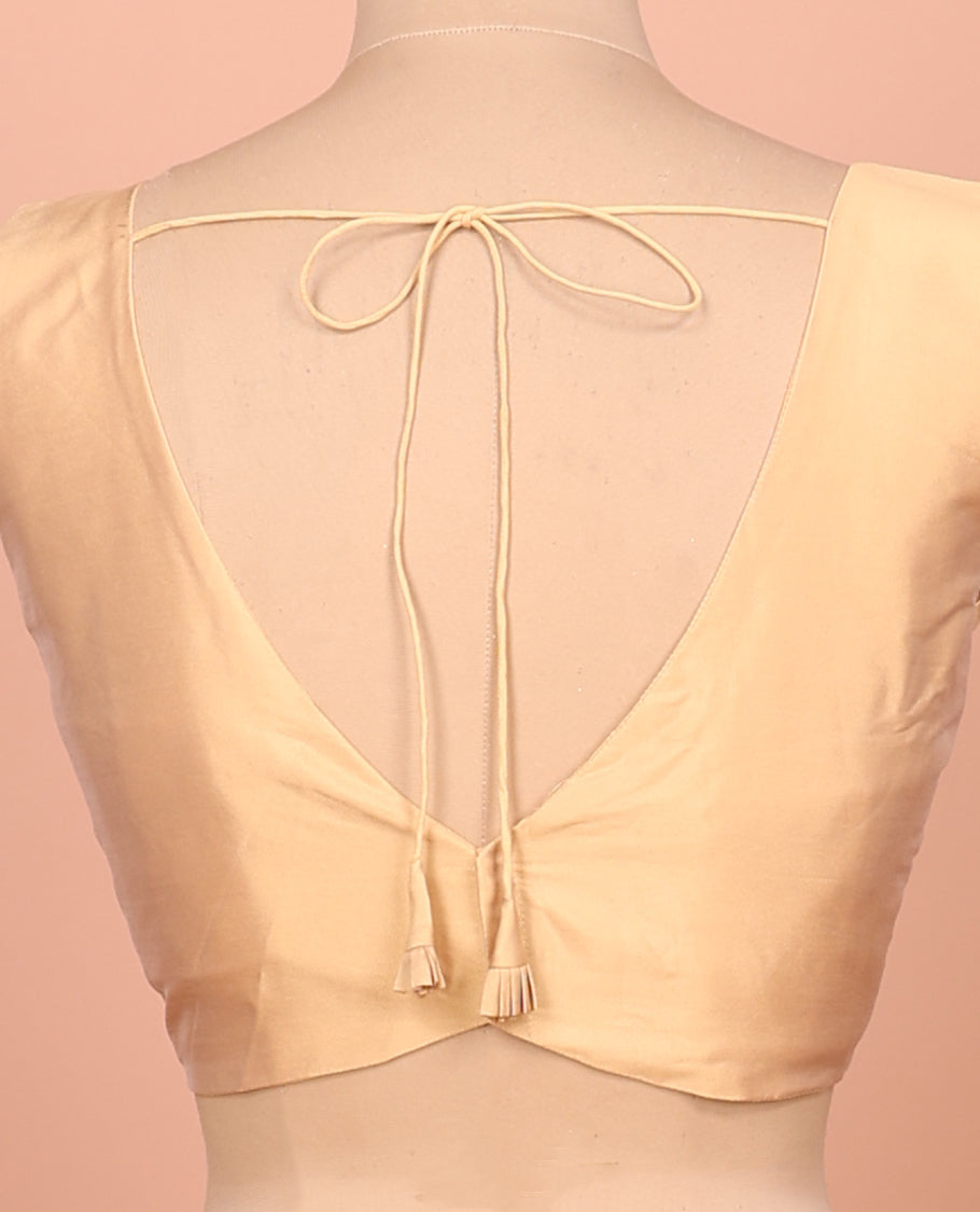 Gold Plain Readymade Blouse Featuring a Front V-Neck, Back Deep V-Neck, and Sleeveless