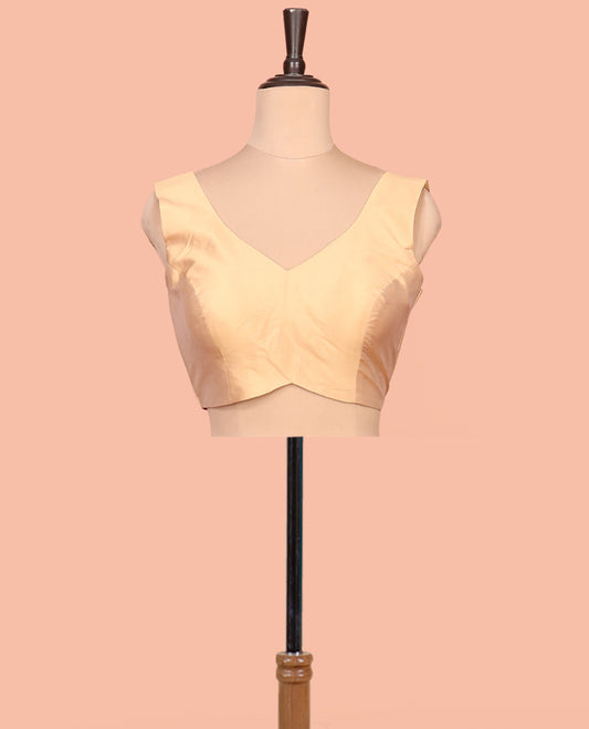 Gold Plain Readymade Blouse Featuring a Front V-Neck, Back Deep V-Neck, and Sleeveless