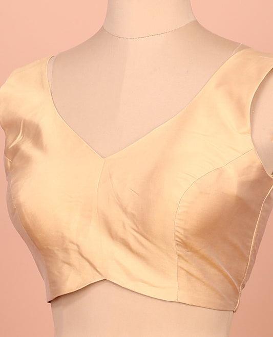 Gold Plain Readymade Blouse Featuring a Front V-Neck, Back Deep V-Neck, and Sleeveless