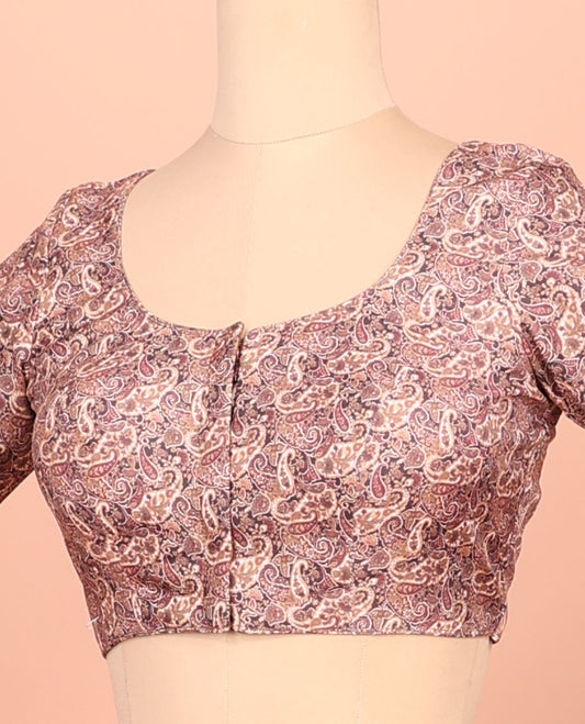 Pink paisleys printed front-back round-neck elbow sleeve readymade blouse