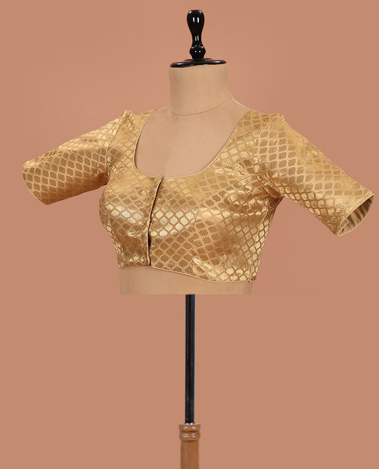 Gold ogee patterned front-back round neck elbow-sleeve readymade blouse