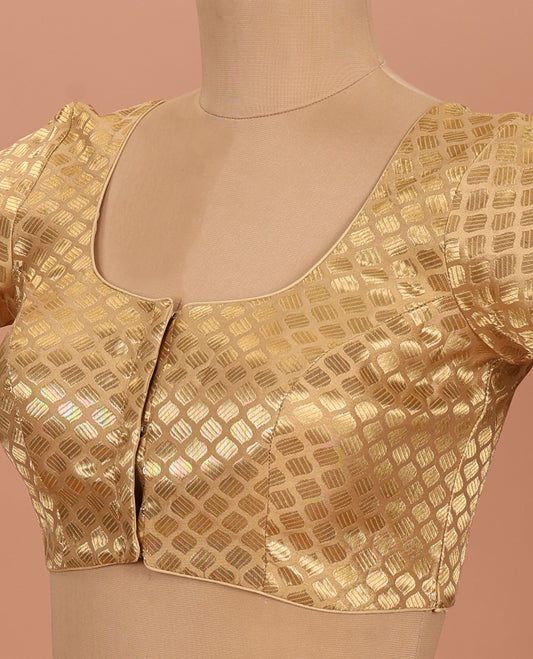Gold ogee patterned front-back round neck elbow-sleeve readymade blouse