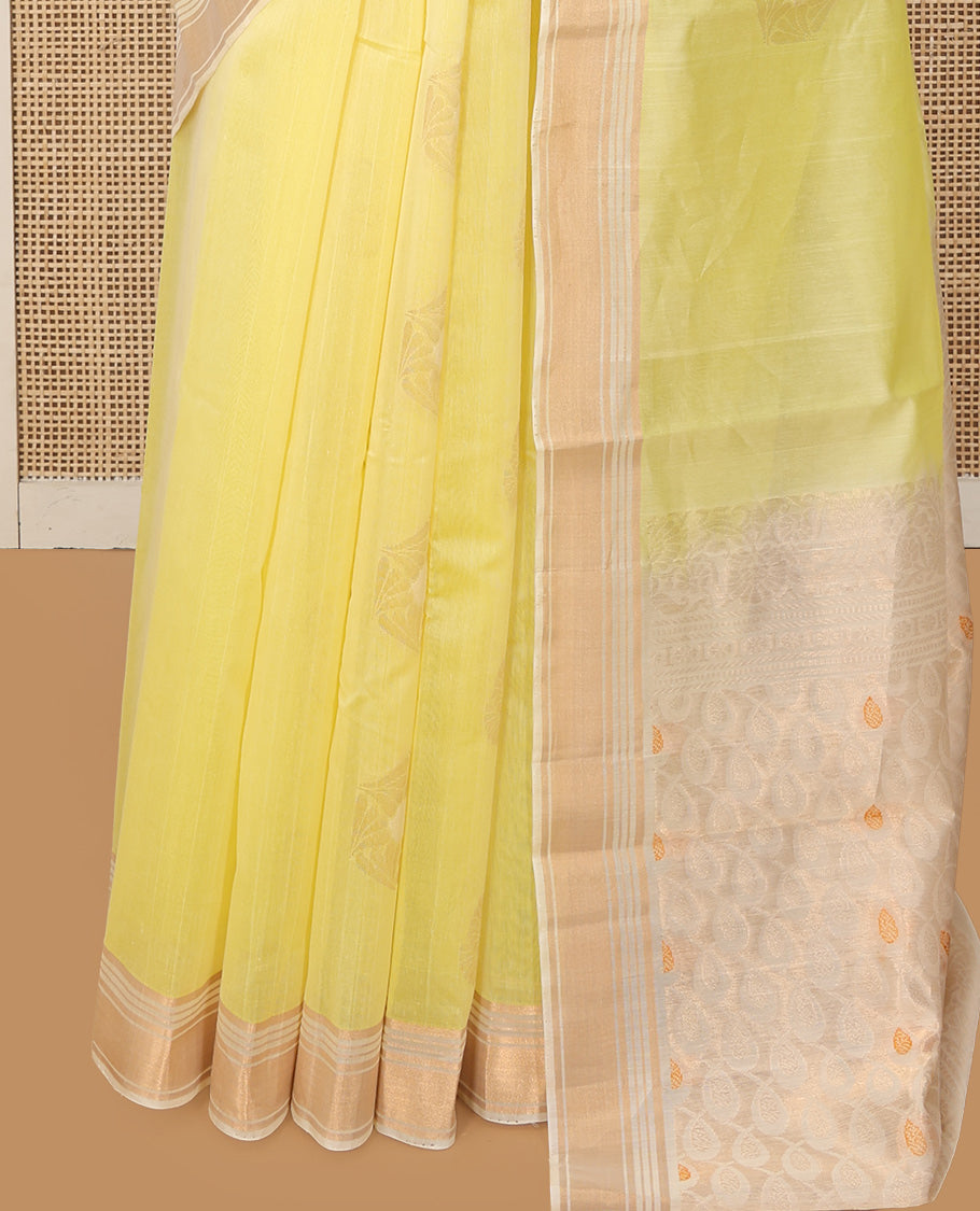 Yellow Silk Cotton Saree, Sparsely Woven with Buttas, a Contrast Zari Border, Intricately Designed Pallu, and a Contrast Blouse