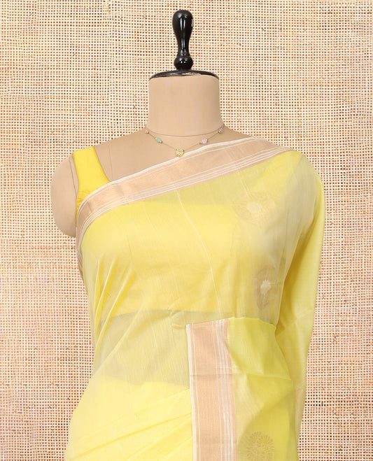 Yellow Silk Cotton Saree, Sparsely Woven with Buttas, a Contrast Zari Border, Intricately Designed Pallu, and a Contrast Blouse
