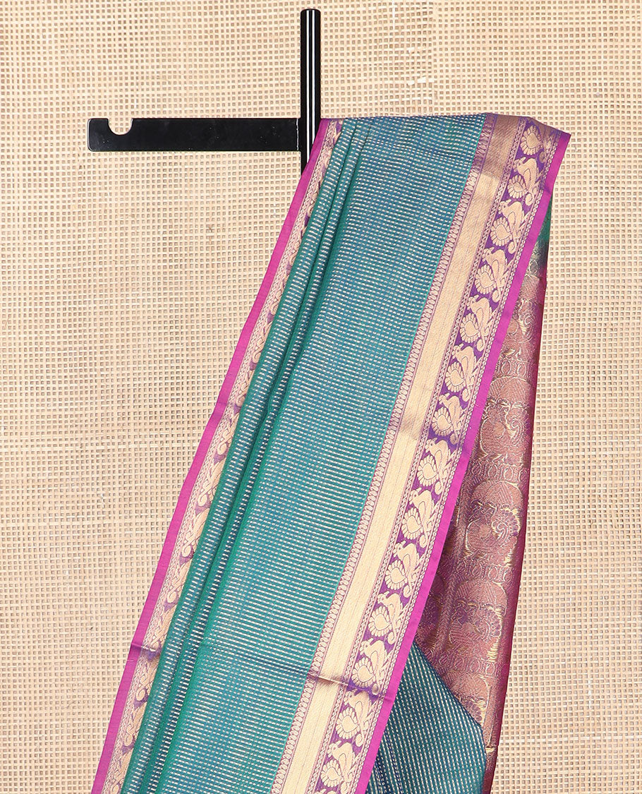 Sea blue striped silk cotton saree with contrast peacock design border & peacock design pallu
