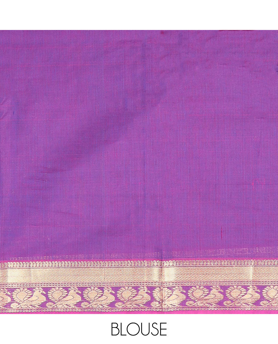 Sea blue striped silk cotton saree with contrast peacock design border & peacock design pallu