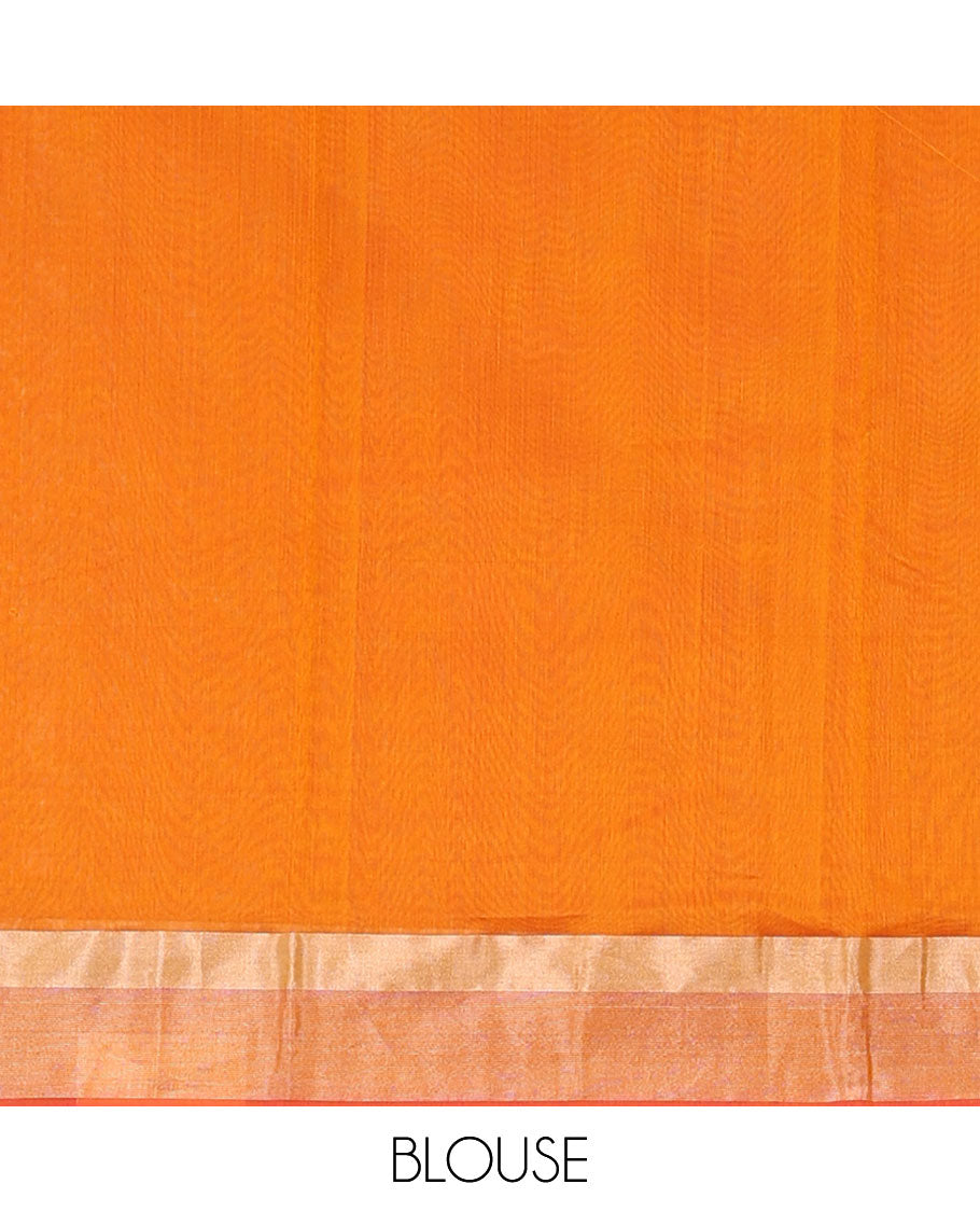 Orange plain silk cotton saree, contrast zari border, and plain pallu