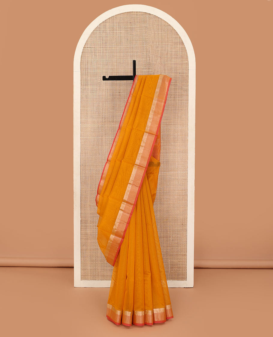 Orange plain silk cotton saree, contrast zari border, and plain pallu