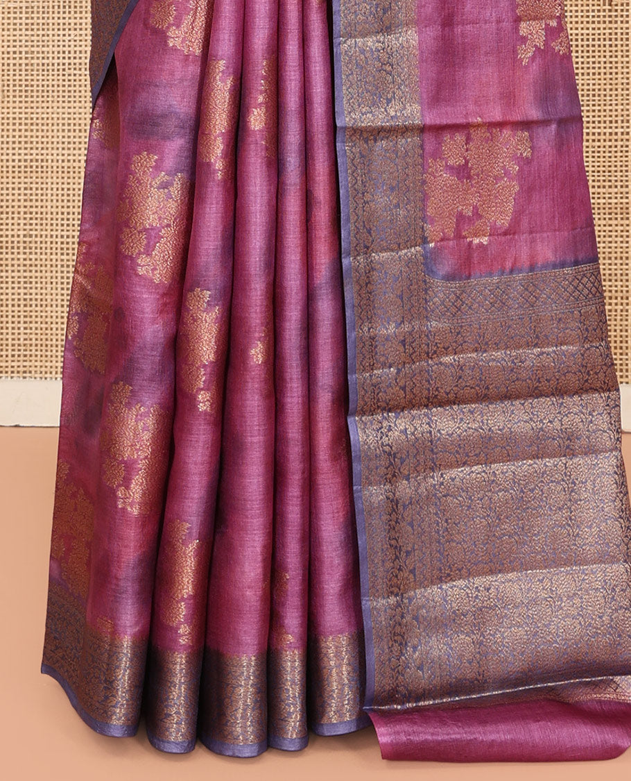 Purple Tussar Silk Saree, Prettified with Floral Buttas, a Contrast Zari Border, Floral Jaal Pallu, and a Matching Blouse