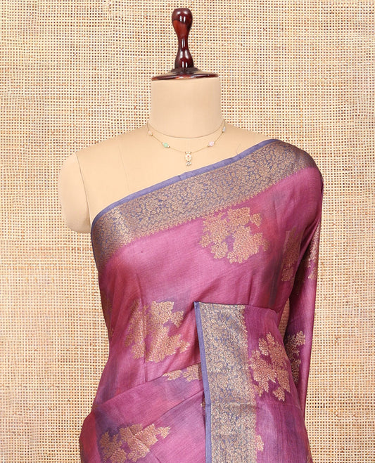 Purple Tussar Silk Saree, Prettified with Floral Buttas, a Contrast Zari Border, Floral Jaal Pallu, and a Matching Blouse
