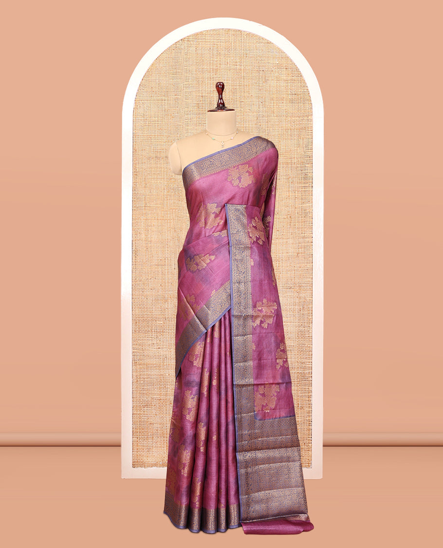 Purple Tussar Silk Saree, Prettified with Floral Buttas, a Contrast Zari Border, Floral Jaal Pallu, and a Matching Blouse