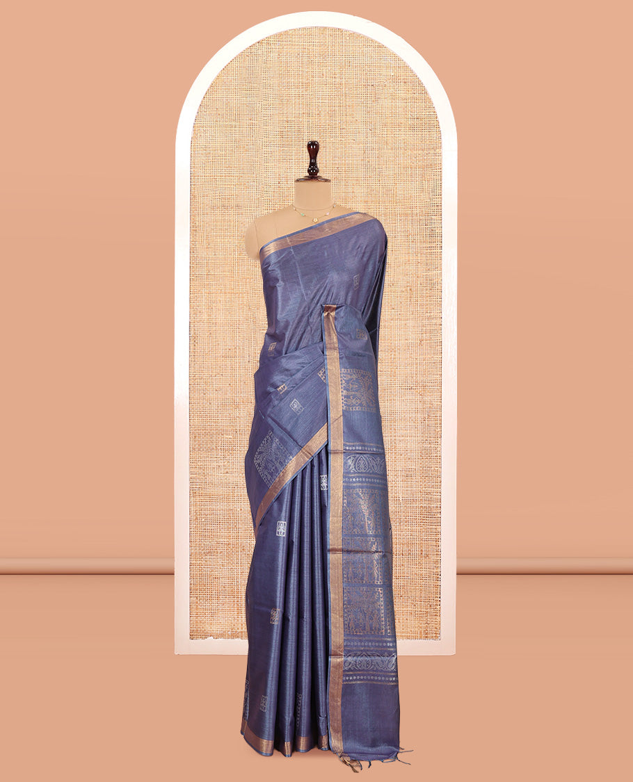 Grey Tussar Saree, Enriched with Warli Buttas, a Subtle Zari Border, Pallu of Warli Designs, and a Matching Blouse