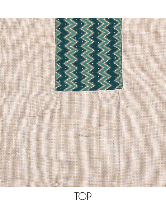 Sandal and peacock color material chudidar set, checks with neck ikkat embroidered top, plain bottom, and floral and chevron printed dupatta