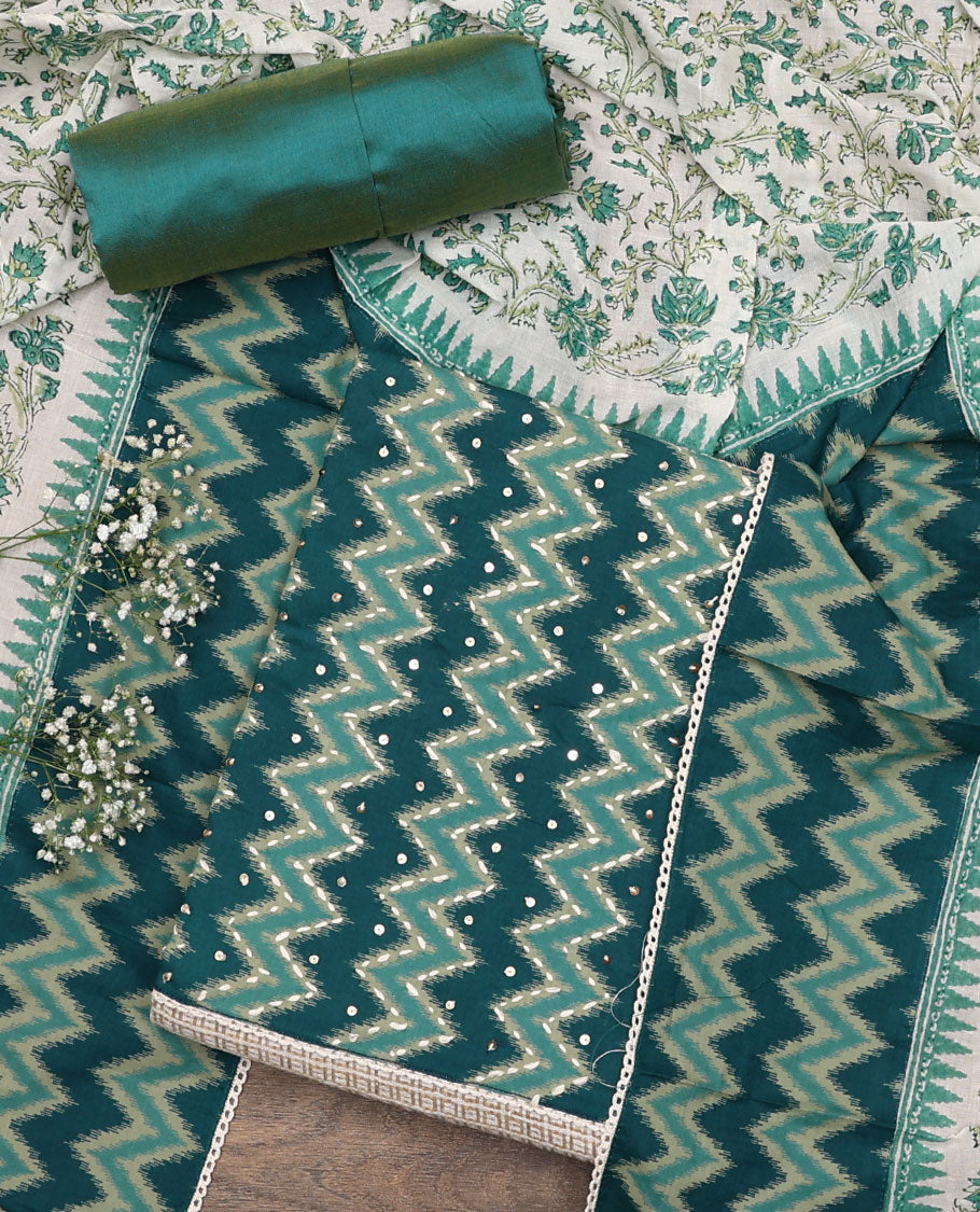 Sandal and peacock color material chudidar set, checks with neck ikkat embroidered top, plain bottom, and floral and chevron printed dupatta