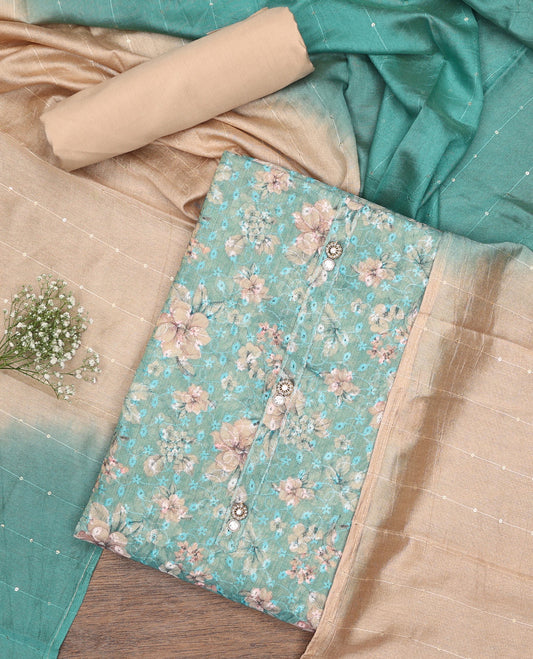 Light blue chudidhar material set floral thread embroiderytop, contrast plain bottom & sequins embroidery dupatta