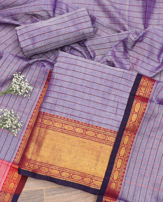 Purple checked, intricate zari design chudidhar material top with plain bottom & checked, zari design border dupatta
