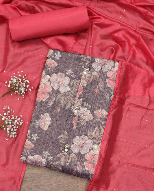 Grey material chudidar set, floral vine printed with thread embroidered top, contrast plain bottom, and sequins striped dupatta