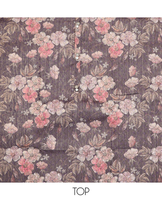 Grey material chudidar set, floral vine printed with thread embroidered top, contrast plain bottom, and sequins striped dupatta